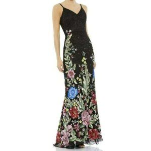 Mac Duggal $798 Black Sequins Floral Maxi Dress Formal Beaded Gown Size 4 NWT